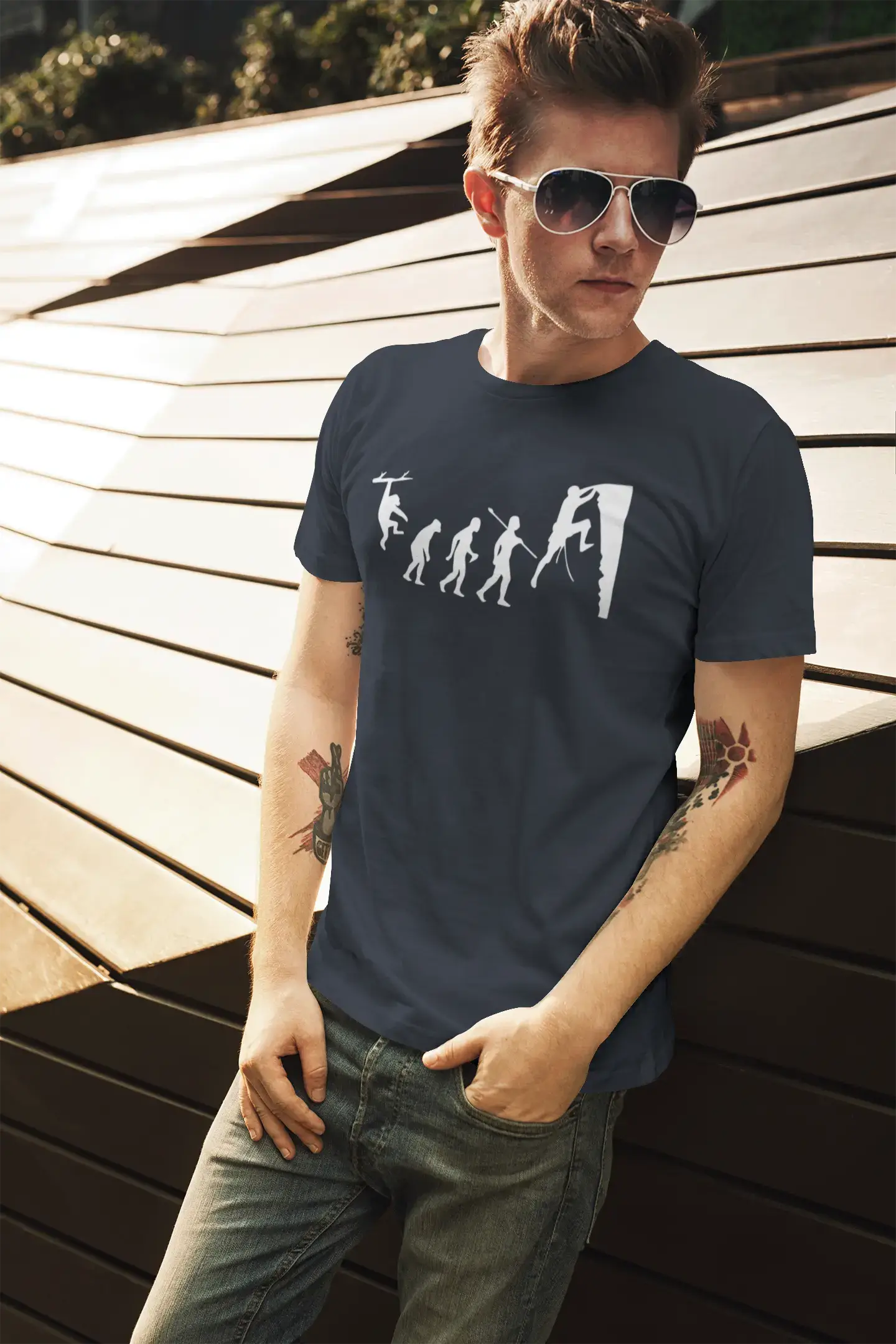 ULTRABASIC - Graphic Printed Men's Climbing Evolution T-Shirt French Navy