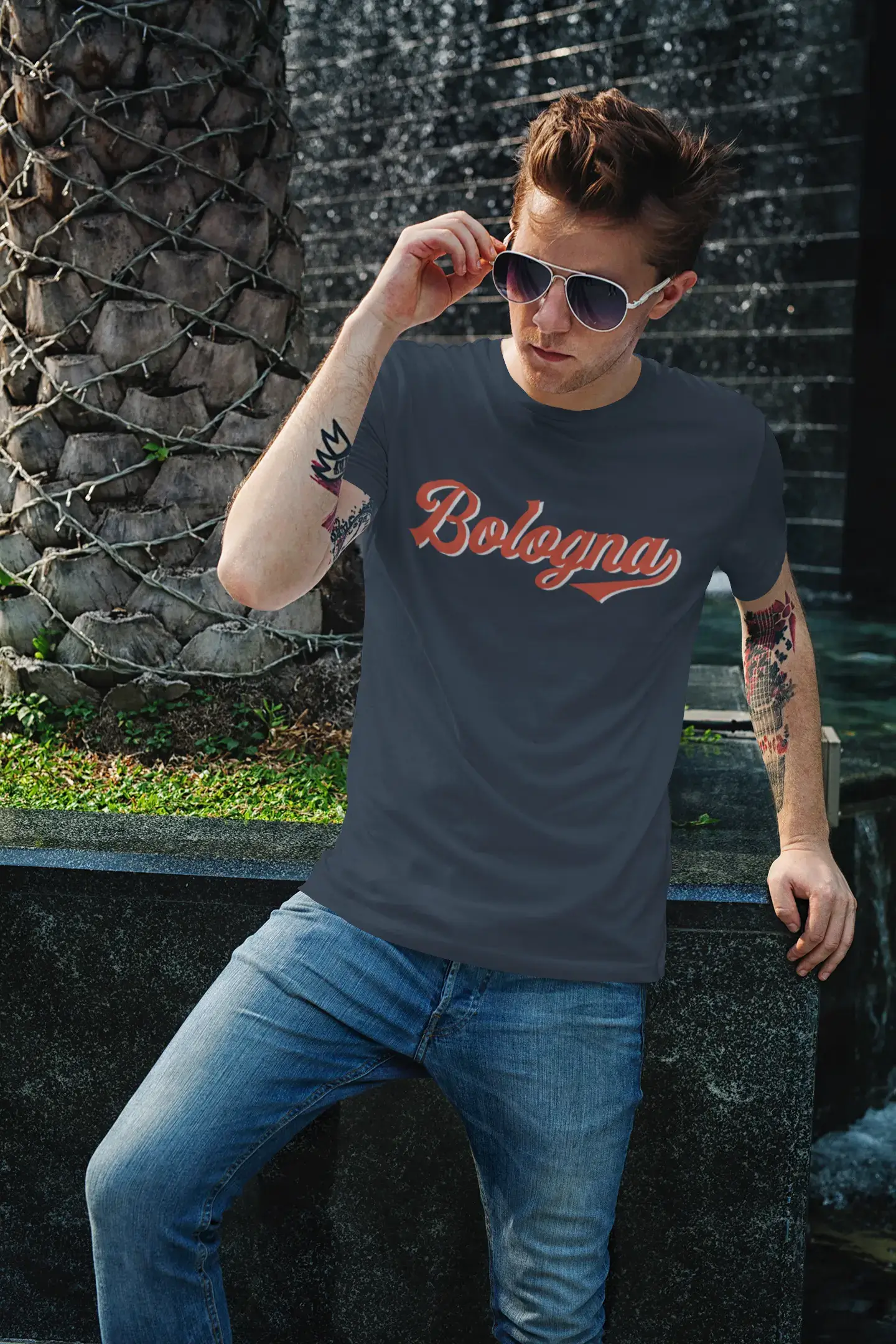 ULTRABASIC - Graphic Men's Bologna T-Shirt Printed Letters Deep Black