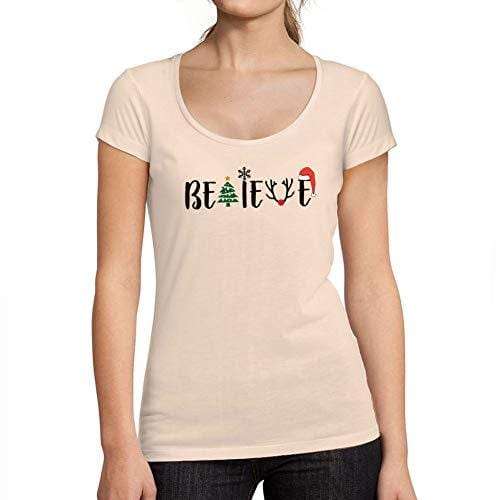 Ultrabasic - Tee-Shirt Femme col Rond Décolleté Noël Croyez Arbre T-Shirt Idées Cadeaux de Noël Rose Crémeux