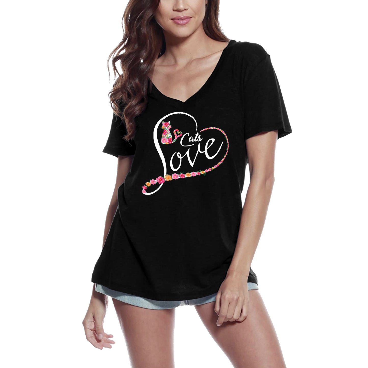 ULTRABASIC Women's V Neck T-Shirt Cats Love - Funny Kitten Shirt for Cat Lovers