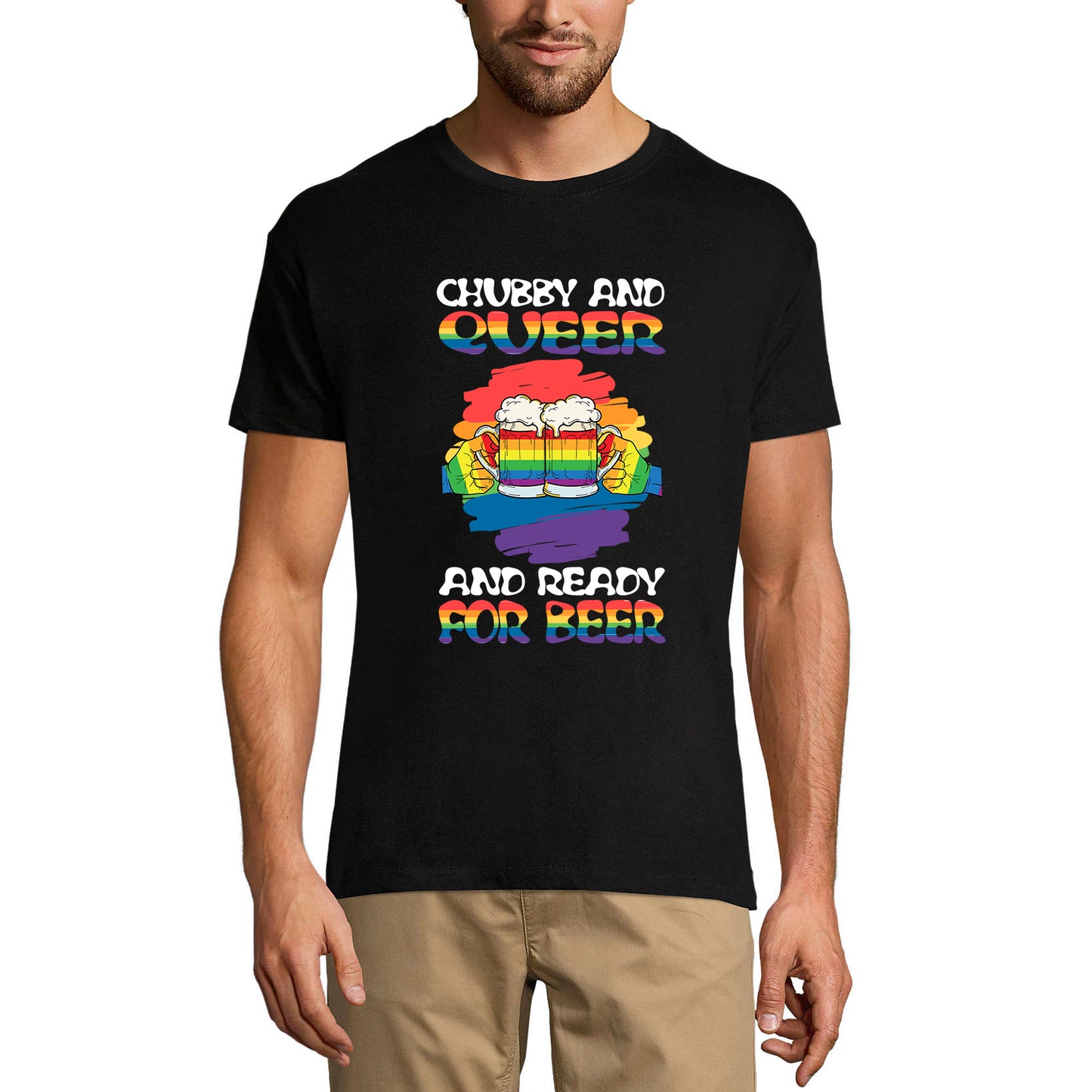 ULTRABASIC Men's Novelty T-Shirt Chubby and Queer and Ready for Beer - Funny Beer Tee Shirt