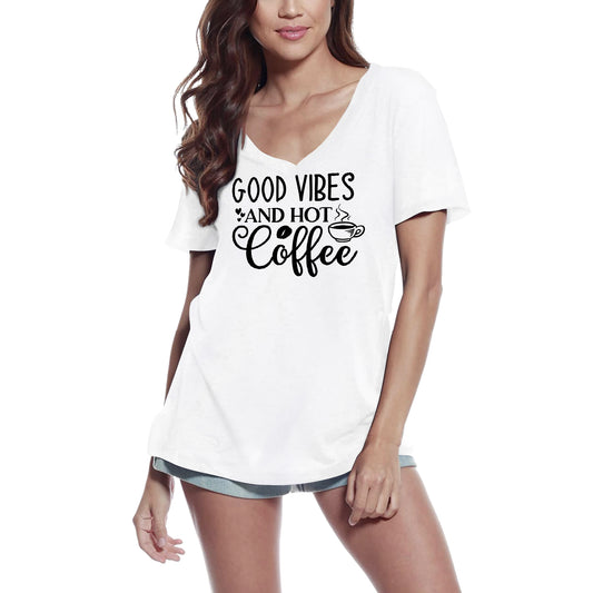 ULTRABASIC Women's T-Shirt Good Vibes and Hot Coffee - Short Sleeve Tee Shirt Tops