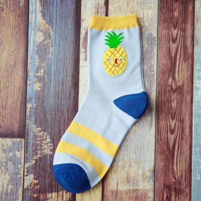 Summer Korean Happy Fruits Socks Lemon Avocado Pineapple Cherry Blueberry Orange Gardenias Banana Leaves Printed Unisex sox