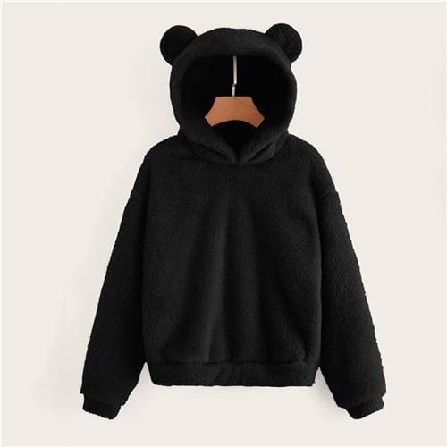 SHEIN Preppy Lovely With Bears Ears Solid Teddy Hoodie Pullovers Sweatshirt Autumn Women Campus Casual Sweatshirts