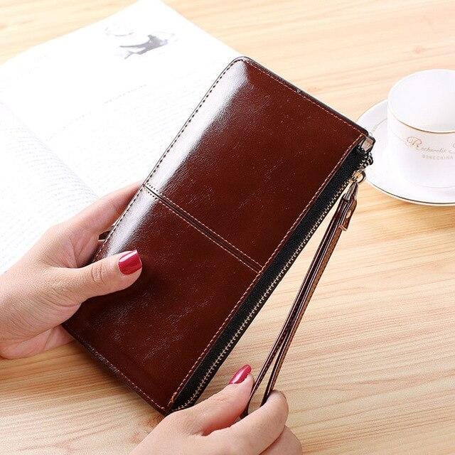 Vintage Women Oil wax Leather Zipper Clutch Wallet Female Purse Ladies Multi-function Simple Coin Purse